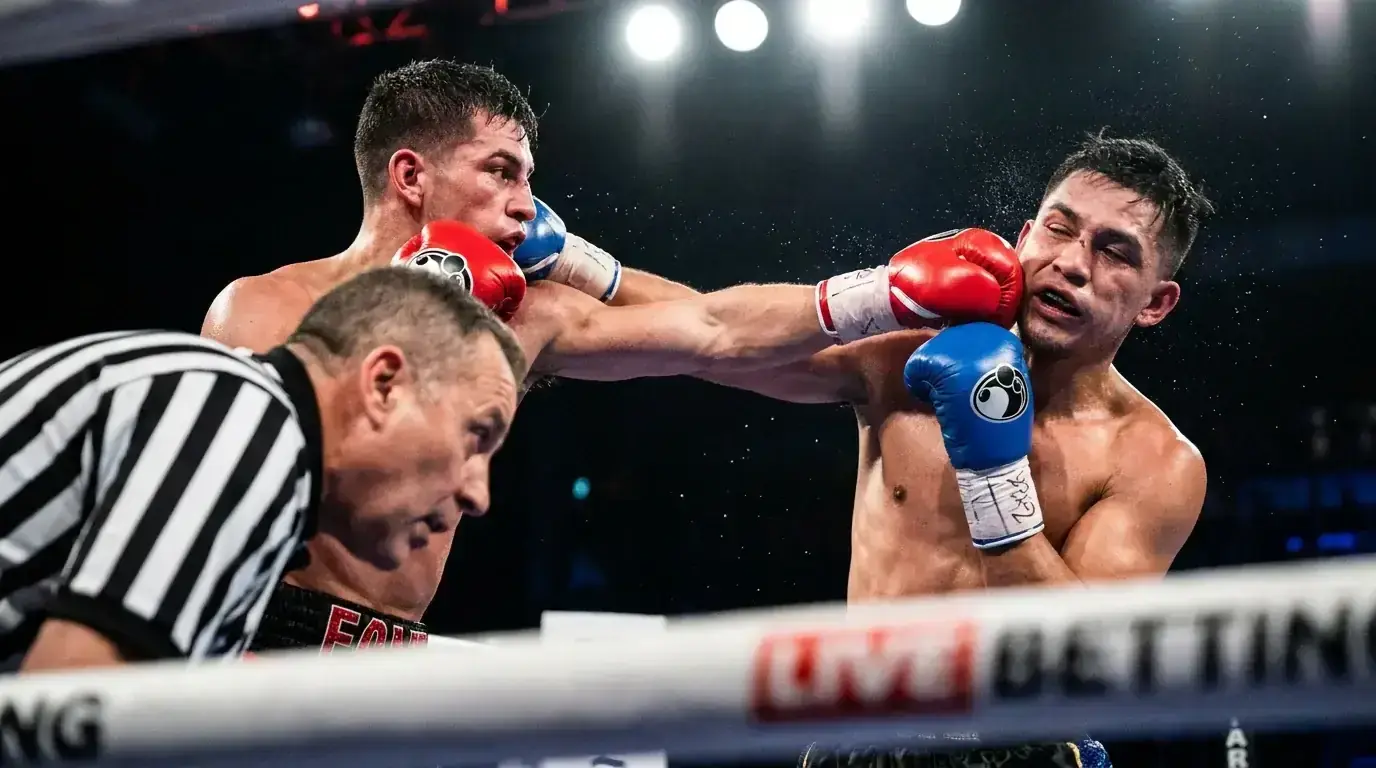 Boxen Live Wetten In-Fight: Schiedsrichter und Boxkampf in der Nahaufnahme als Symbol für Echtzeit-Wettmärkte und Live-Quoten