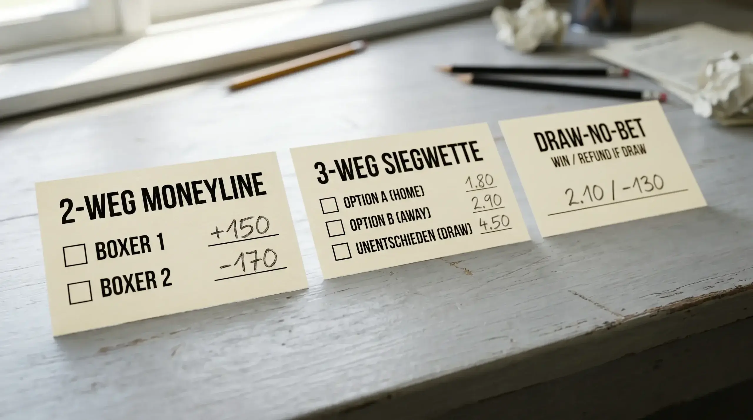 Vergleich der drei Siegwetten-Typen beim Boxen: 2-Weg, 3-Weg und Draw-No-Bet mit Quotenbeispielen