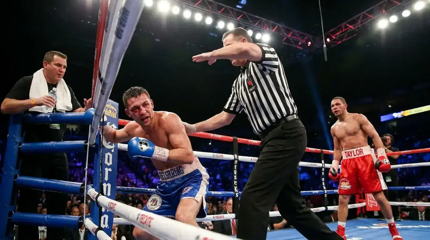 Übersicht Boxwetten Deutschland: Ringrichter stoppt Kampf als Beispiel für TKO und Wettmarkt-Entscheidungen beim Boxen
