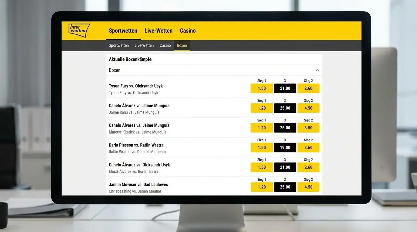 Interwetten Plattform Desktop-Ansicht für Boxwetten: Benutzeroberfläche und Live-Wetten-Navigation